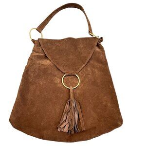 Jasmine Brown Suede Leather Hobo Bag W/ Tassels & Gold Accents